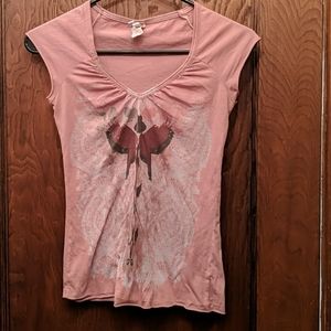 2 Small Ruched V neck T shirts Unique Prints